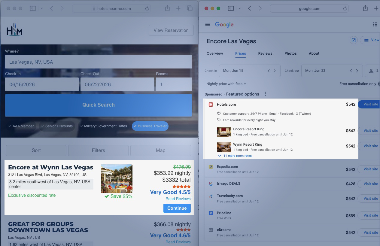 HotelsNearMe verified rate example — Encore Las Vegas